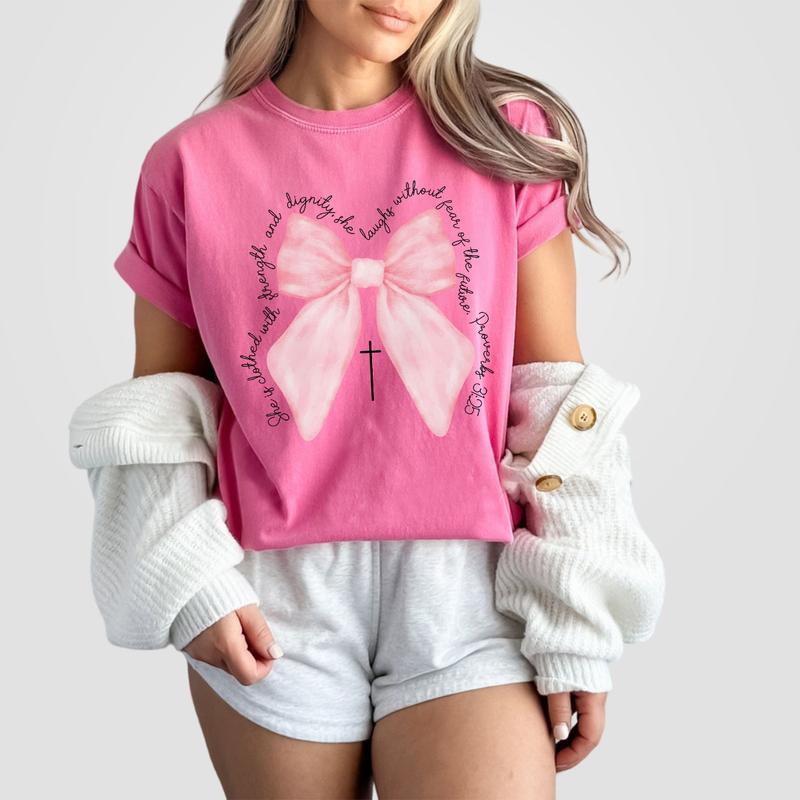 Coquette Christian Shirt, Proverbs She is Clothed with Strength Coquette Bow T-Shirt, Christian Sweatshirt, Christian Shirts For Women, Coquette Bible