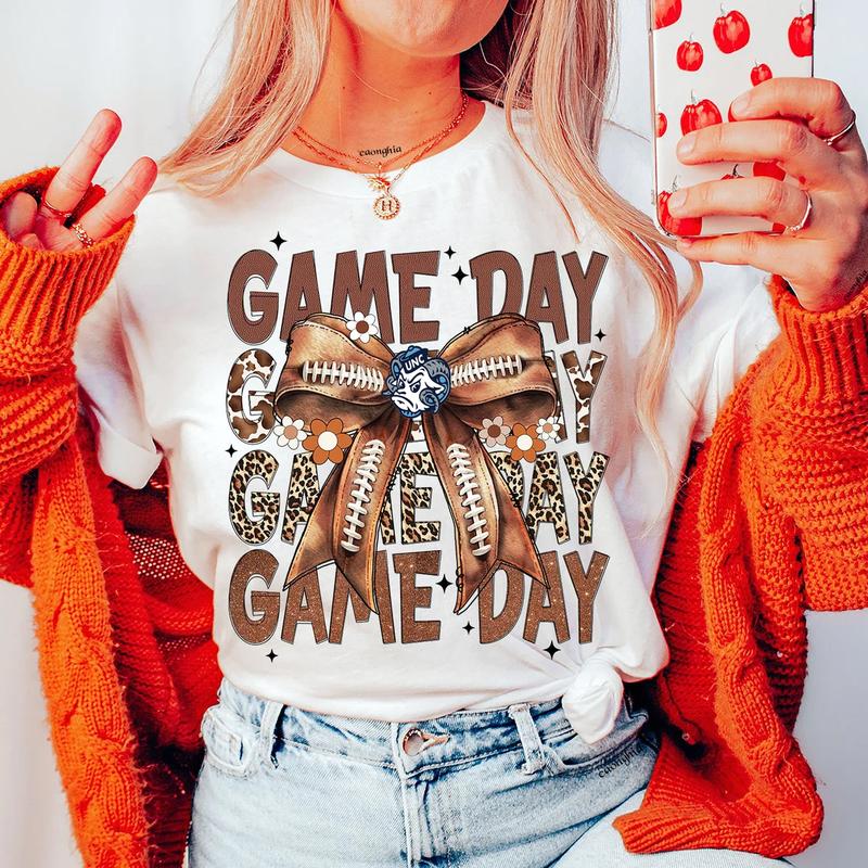 Vintage UNC Football Coquette Bow Game Day Shirt, Gameday Women's Sweatshirt Cotton Fit Top Womenswear Embroidered Flat