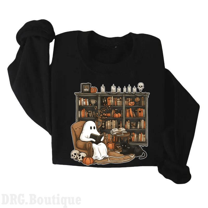 Retro Ghost Reading Books Crewneck Sweatshirt, Librarian Ghost Halloween 2024 Merch Women's Shirt, Halloween Teacher Sweatshirt, Halloween Gift Sweats