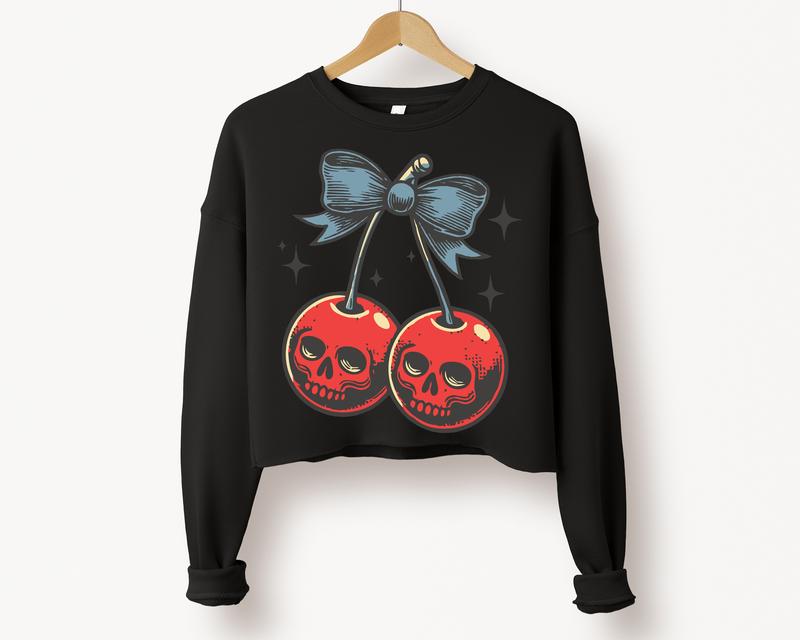 Skull Cherry Cropped Sweatshirt- DTF Print, Christmas Crewneck, Gift Idea, Relaxed Fit, Casual Apparel