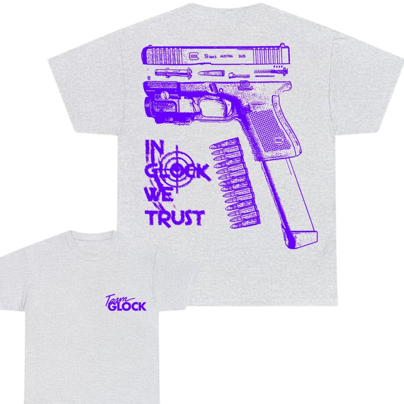 Team Glock Tshirt - Double-Sided IN GLOCK WE TRUST Tshirt - Classic Fit, design Color Blue - Full Color , Men's and Women's Sizes - Menswear Cotton