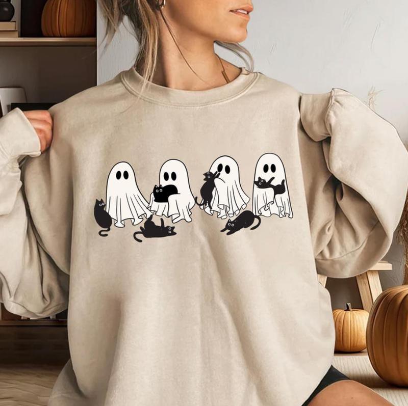 Сute Ghost Black Cat Shirt - Sweatshirt - Hoodie, Ghost Black Cat Shirt, Black Cat Halloween Shirt, Cat Lovers Shirt, Cat Halloween Shirt, Halloween C