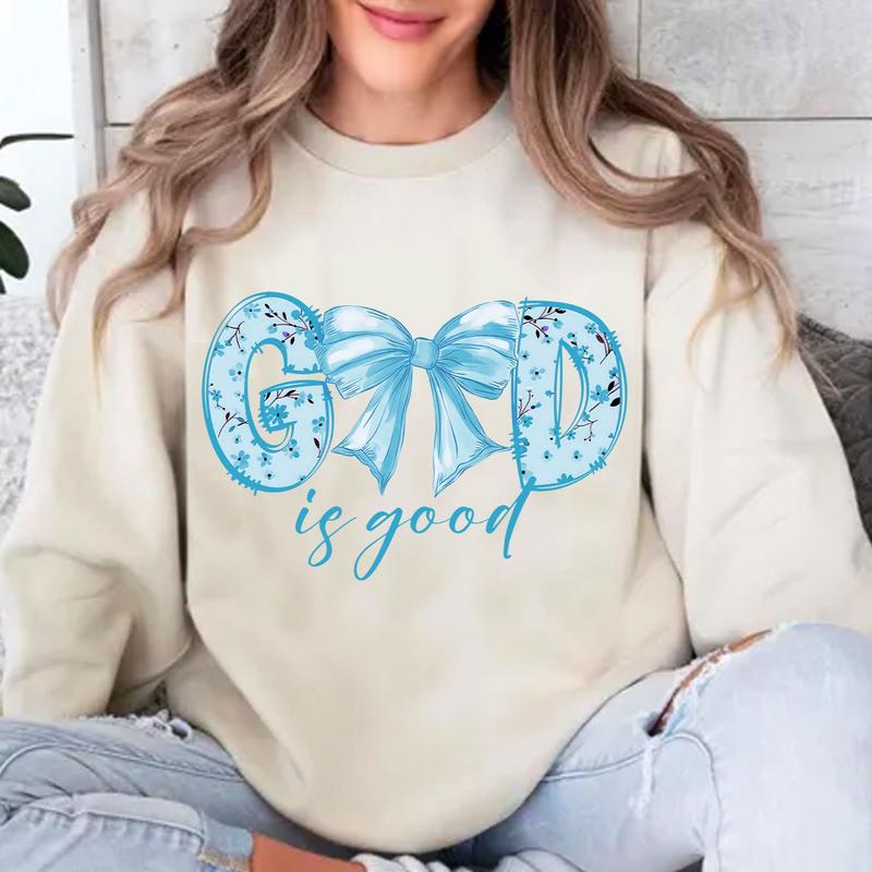 God is Good Coquette Bow Flowal Blue Version Unisex Crewneck Sweatshirt, Jesus Christian Bible Verse Religious Tee
