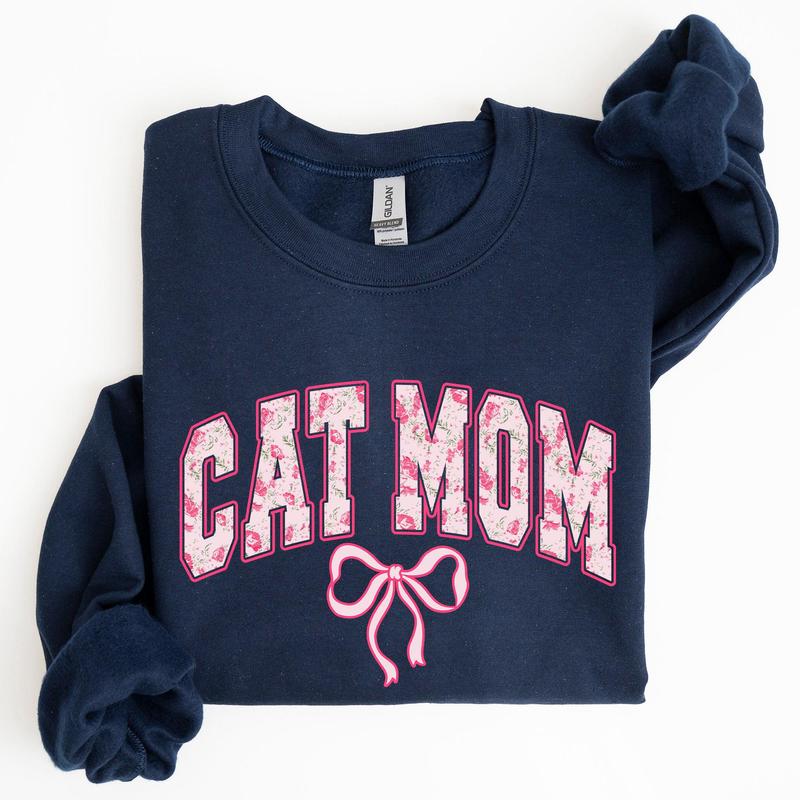 Cat Mom, Coquette, Pink Bows, Trend, Girly, Soft Girl Era Sweatshirt, Women's Crew Neck, Crewneck Casual Comfort Womenswear Comfortable Graphic