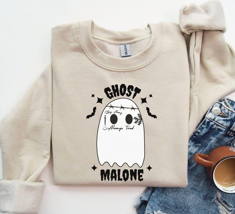 Ghost Malone Sweatshirt, Halloween Sweatshirt, Cute Ghost Sweater, Funny Spooky Sweatshirt, Ghost Malone Shirt Casual Collar Comfort Cotton