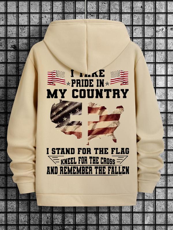 Men's American Flag Print Drawstring Hoodie, Casual Regular Fit Sweatshirt for Spring & Fall, Daily Wear Fashion for Men