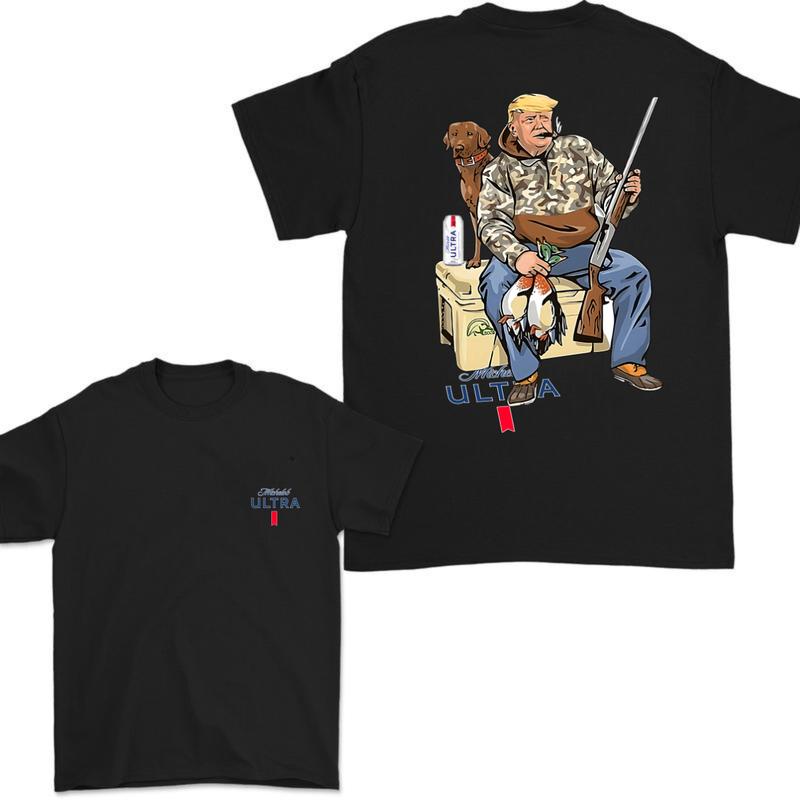 Hunter Trump With Michelob Ultra Beer 2 Sided T-shirt , Trump and Your Hunting Dog T-shirt Full Color For Men and Women, Hunting Season T-shirt