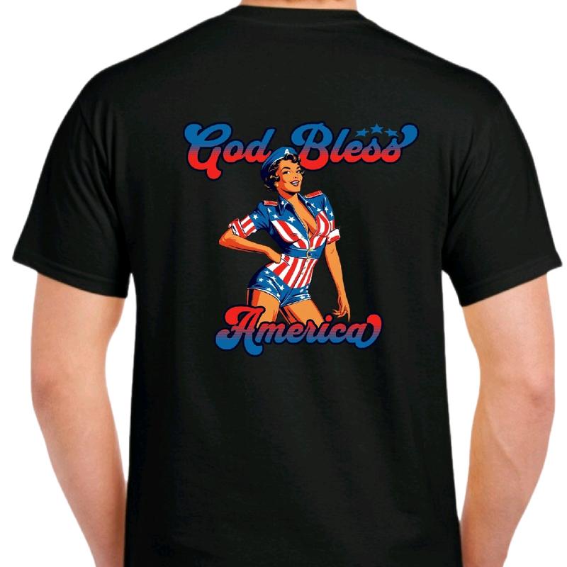 God Bless America Pinup Girl Men's T-Shirt in Cotton - Menswear Tshirt Top Casual Crewneck