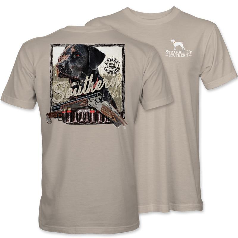 Black Lab Armed and Ready - Field-Ready Retrieving Black Lab Tee - Sand Classic Cotton