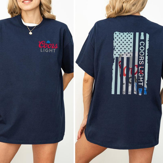 Coors Light American Flag Graphic 2 Sided Shirt, Beer Drinking T-shirt, Soft Cotton Fabric Tshirt, Unisex Drinker Top, Printed Casual Womenswear