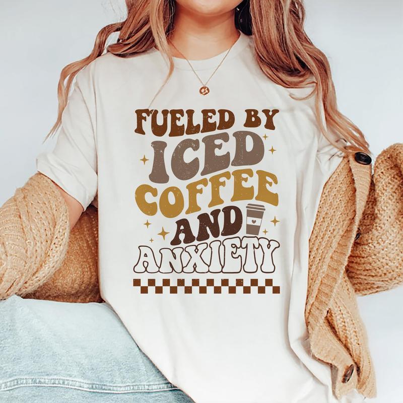 Fueled By Iced Coffee And Society Shirt, Mom Iced Coffee T-shirt, Mama Anxiety Graphic Printed Tee, Overstimulated Mom Soft Fabric Short Sleeve Tee Sh