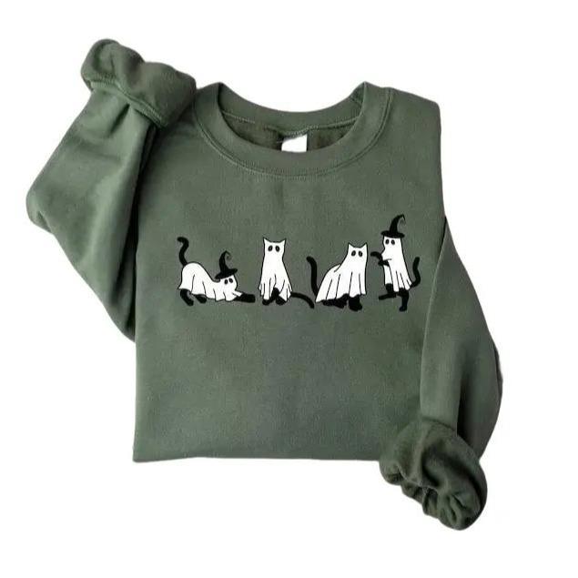 Halloween Ghost Cat Sweatshirt, Halloween Sweatshirt, Cat Sweatshirt, Ghost Shirt,Black Cat Shirt, 2024 Spooky Seas, Cool Halloween Cat Shirt, Cat Lov