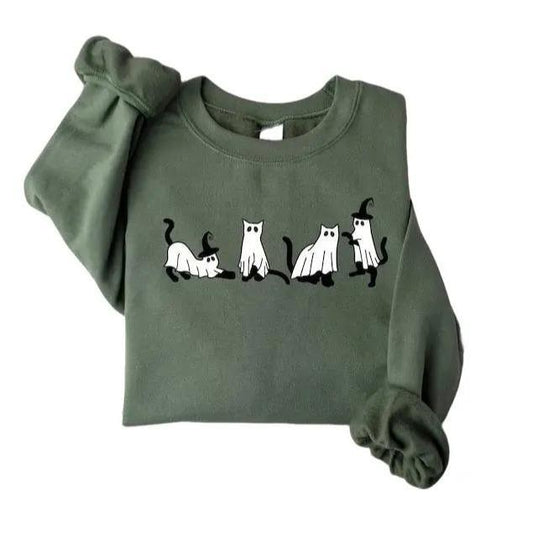 Halloween Ghost Cat Sweatshirt, Halloween Sweatshirt, Cat Sweatshirt, Ghost Shirt,Black Cat Shirt, 2024 Spooky Seas, Cool Halloween Cat Shirt, Cat Lov