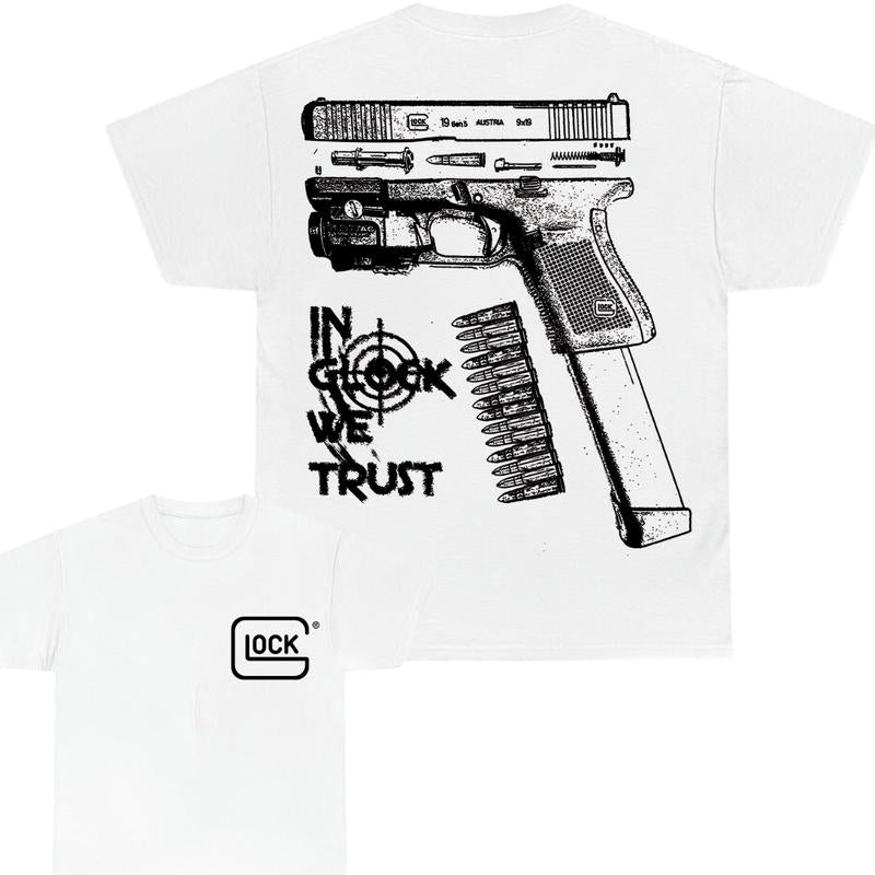 In Glock We Trust Double Sided Print T-Shirt - Glock shirt - Classic Width and Collar for Men and Women - Design color Black and White , Cotton Menswe
