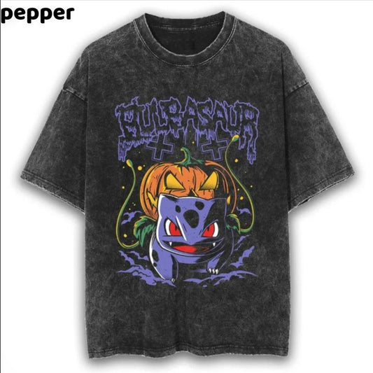 Halloween Bulbasaur Vintage Washed Tee, Anime Pokemon Shirt Merch, Gift for Fans, Unisex Trendy Graphic, Comfortable Casual Wear