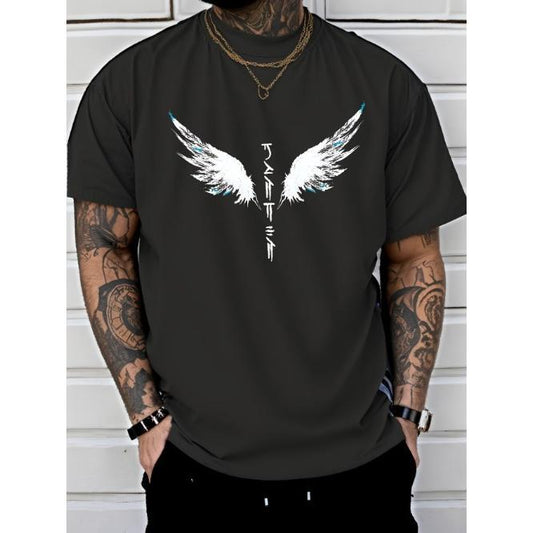 Mens Bold Wings Print T-shirt - Lightweight & Breathable, Casual Short Sleeve Crew Neck - Perfect Summer Outdoor Clothing for Stylish AdventuresMade i