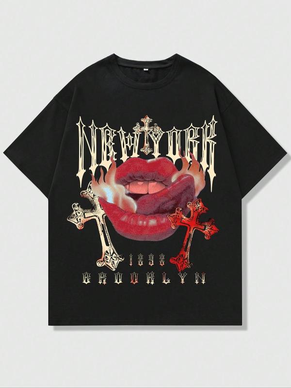 Men's Regular Fit Cross Graphic Round Neck Tee, Lips & Letter Print Short Sleeve T-shirt for Daily Wear, Fashion Casual Men's Clothes for All Seasons