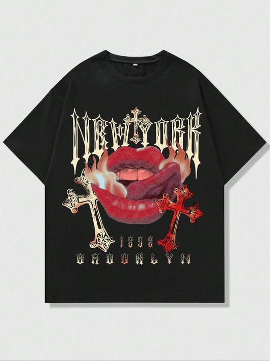 Men's Regular Fit Cross Graphic Round Neck Tee, Lips & Letter Print Short Sleeve T-shirt for Daily Wear, Fashion Casual Men's Clothes for All Seasons