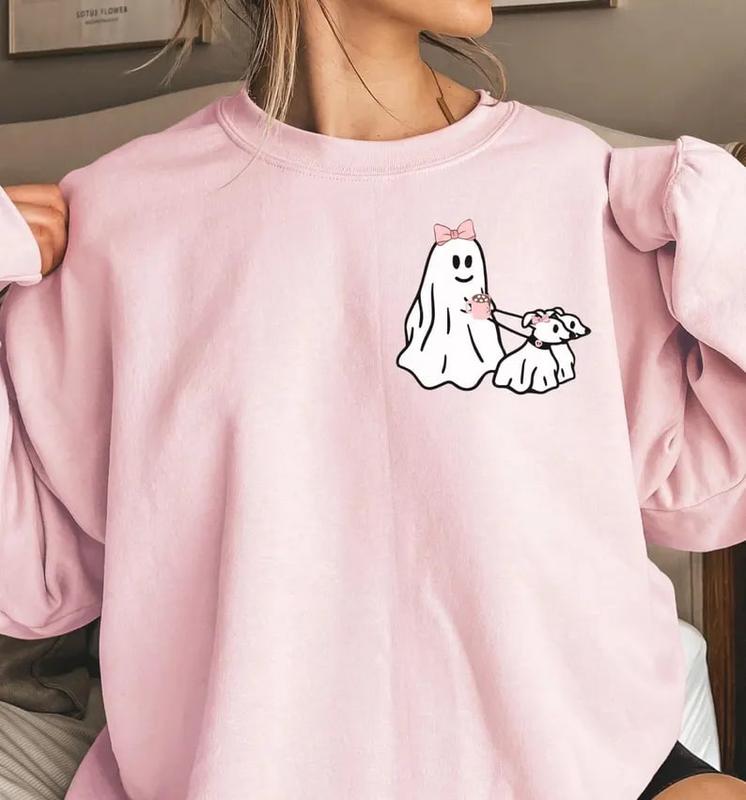 HALLOWEEN PINK GHOST Sweatshirt, Ghost Walking Dog Sweatshirt, Womens Halloween Sweater, Viral Ghost Walking Dog Shirt
