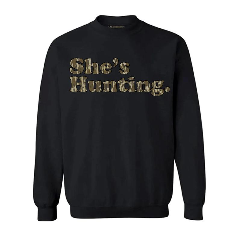 She is Hunting Camoflauge Bottomland Pattern Unisex T-shirt, Hunting Camo Graphic Printed Crewneck Sweatshirt, Unisex Mom Shirt Gift For Women