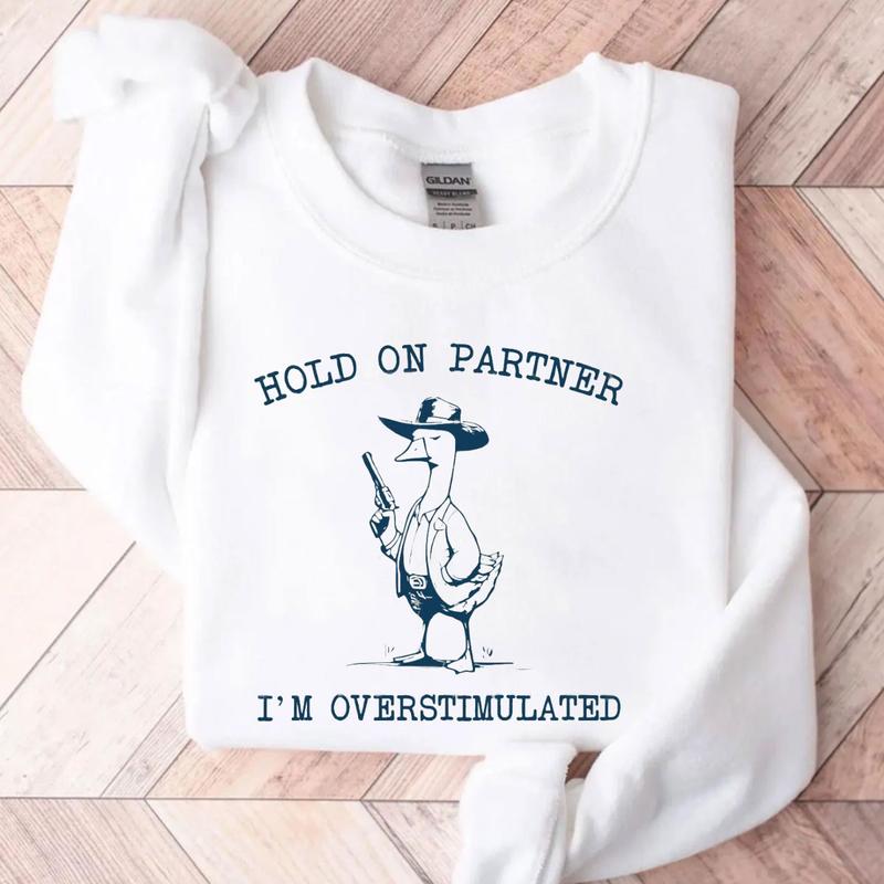 Hold On Partner I'm Overstimulated Cowboy Goose Sweatshirt, Funny Cowboy, Weirdcore, Funny Meme, Funny Western Sweatshirt Unisex Classic Fabric