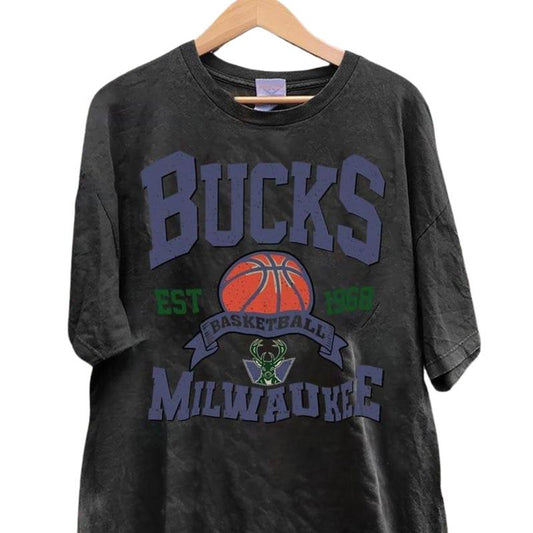 Milwaukee Basketball Vintage tshirt, Bucks Crewneck Retro Shirt, Gift For Fan Milwaukee Basketball Shirt Menswear Classic Jersey Collar Cotton Fabric