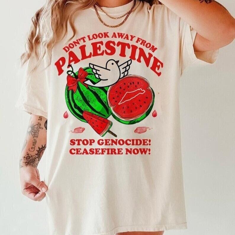 Don't look away from palestine ,  palestine shirt . Top Womenswear Underwear Lady Casual Collar