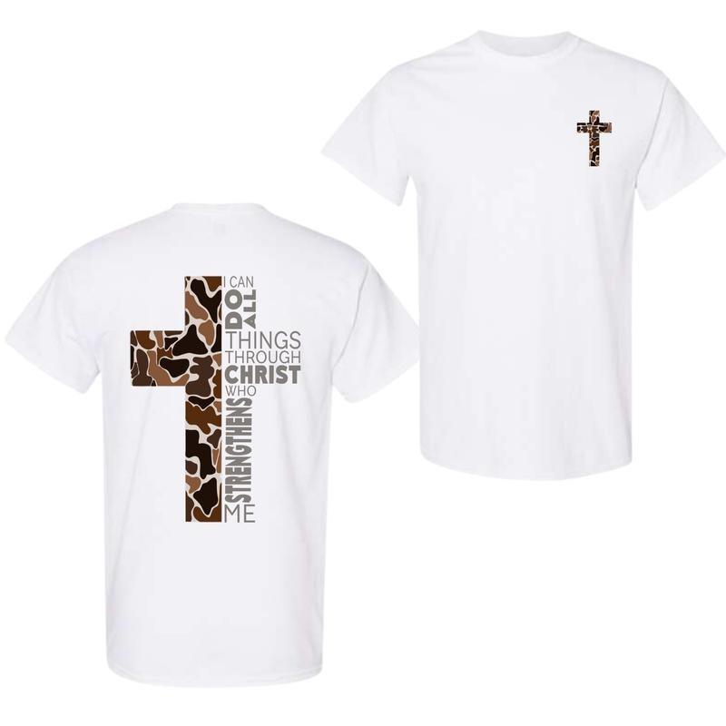 Christian T-Shirt, Camo Cross Design With Philippians 413 Verse, Perfect For Faithful Believers And Outdoorsmen
