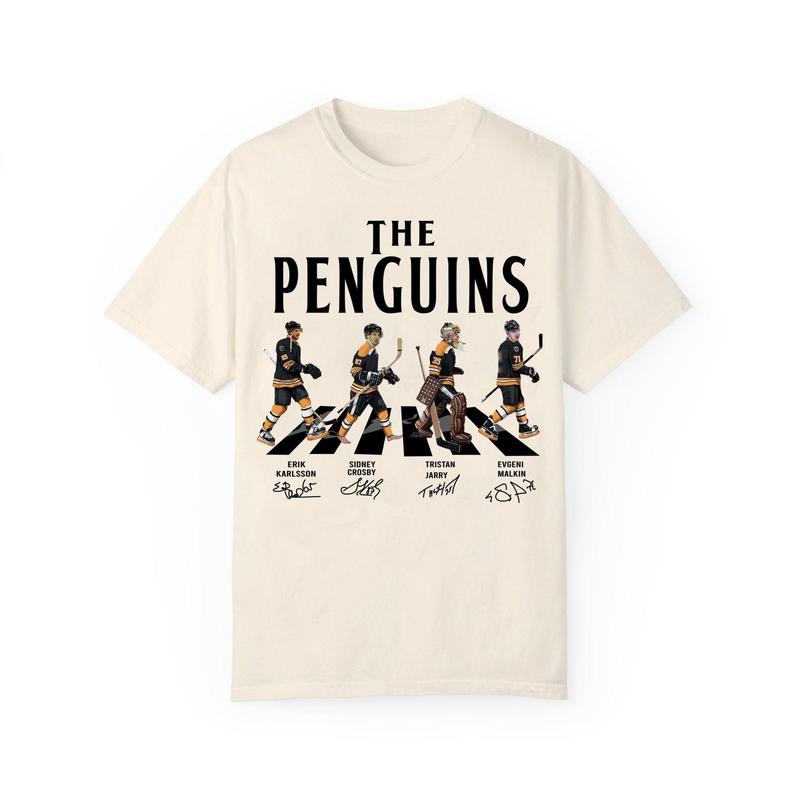 Penguins Walking Abbey Road Signatures Ice Hockey tshirt Menswear T-Shirt Classic Cotton Fabric Jersey Top Collar