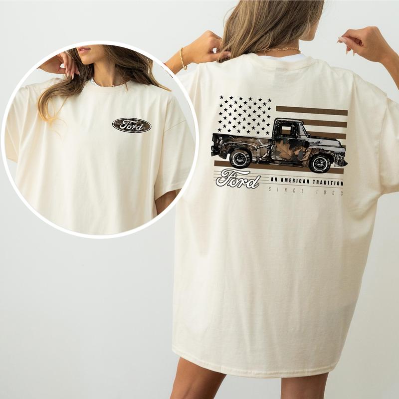 Vintage Camo Ford Truck 2-Sided Shirt for Women and Men, Retro American Flag Truck Tshirt, Car Lover Gifts Tops, Cotton Fabric Tee, Casual Womenswear