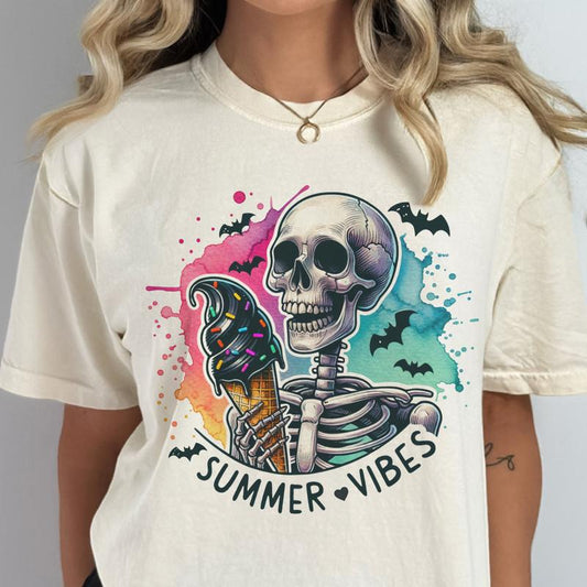 Summerween Skull Tees Summer Vibes Watercolor Ice Cream Skull Tshirt  I'm Freakin Melting Skull Tee Living the Dream Skeleton Tshirt Beach Skull T-Shi