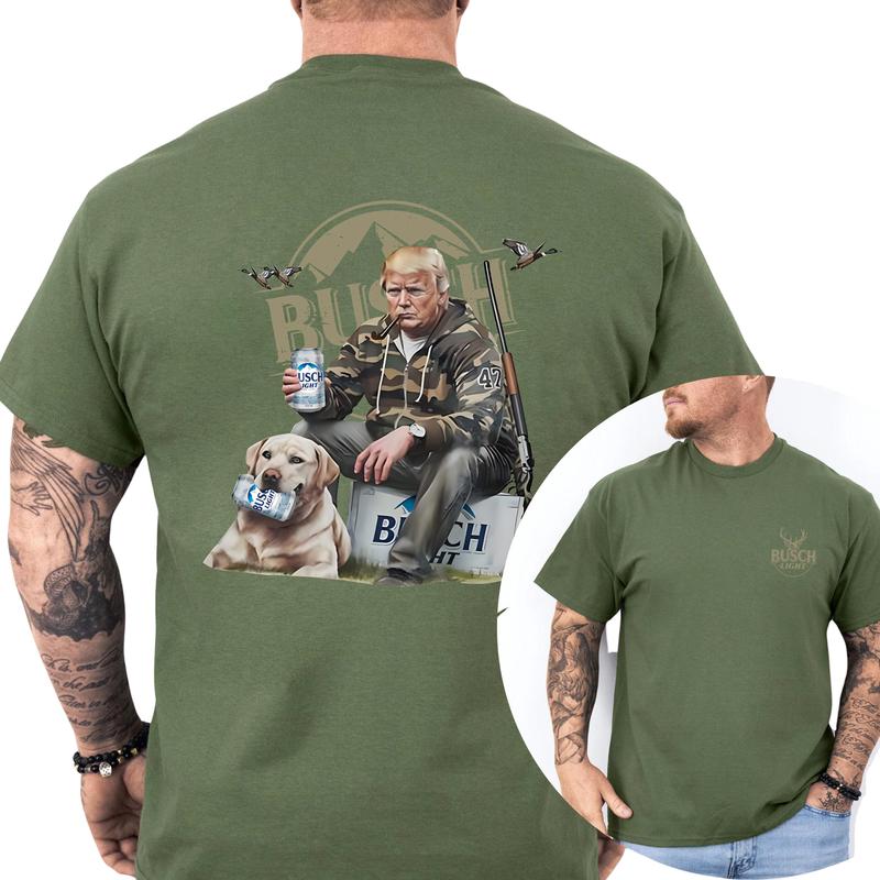 Hunter Trummpp Golden Dog Busch Light Beer Shirt 2-Sided, Men's Buck Hunting Graphic Tee, Drinking Shirt, Vintage Hunt Tops, Classic Casual Menswear