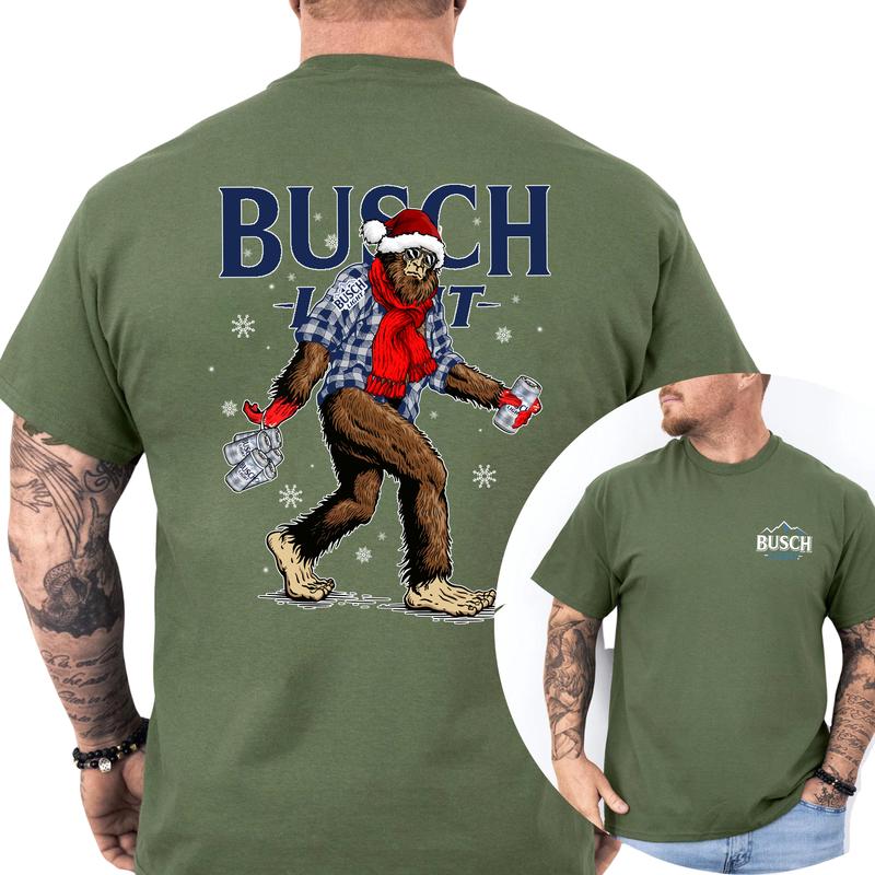 Christmas Shirt, Busch Light Christmas Bigfoot 2 Sided T-shirt, Casual Menswear, Classic Cotton Top, Soft Fabric Shortsleeve Shirt