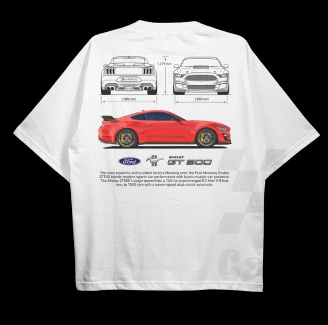 Drive in Style Car-Themed T-Shirts, Mustang Shelby GT500 WHITE T-Shirt, Mustang Shelby GT500 Technical Specs T-Shirt, Racing Shirt, Sport Car Shirt