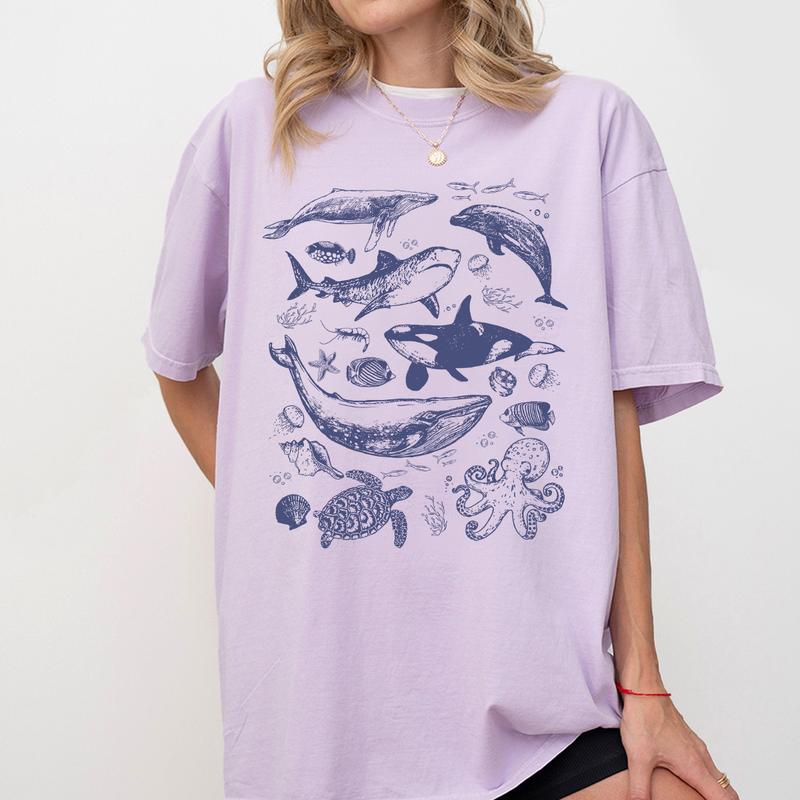 Vintage Sea Annimal Shirt, Ocean Animal Shirt, Ocean Nature Shirt, Gift For Her, Dolphin Shirt, Turtle Tee, Ocean Shirt for Women, Hello Summer Shirt,