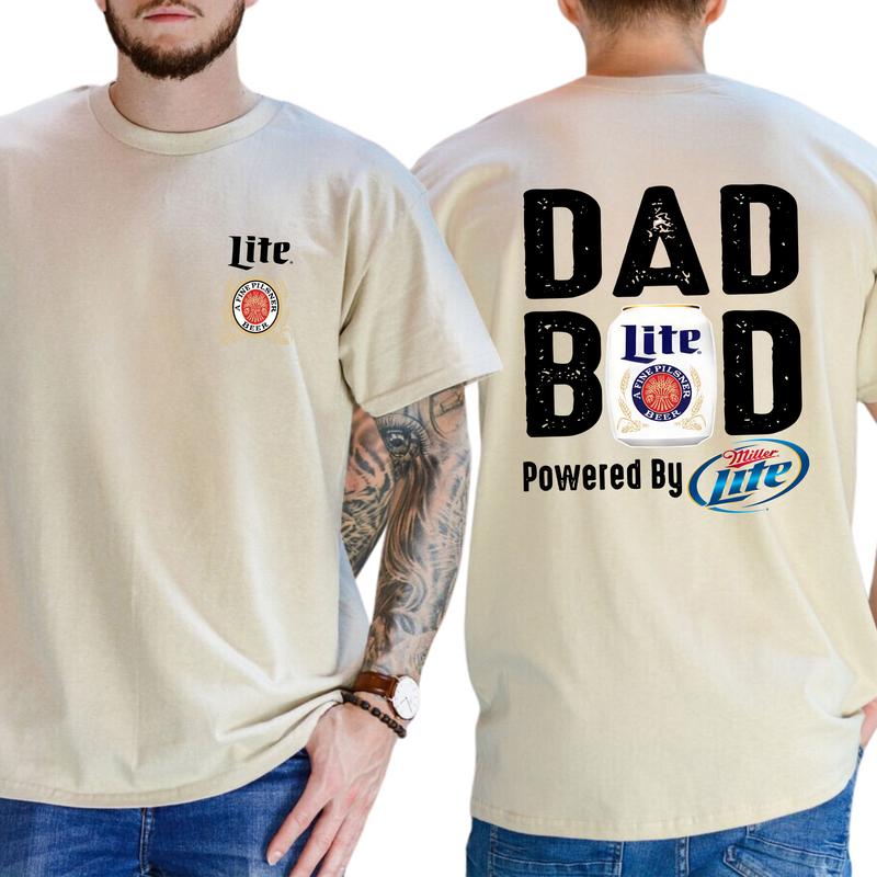 Miller Lite Dad Bod Powered By Miller Lite T-shirt 2 Sided, Drink Shirt, Gift For Men, Sport Athletic, Casual Drinking Tshirt, Classic Cotton Menswear