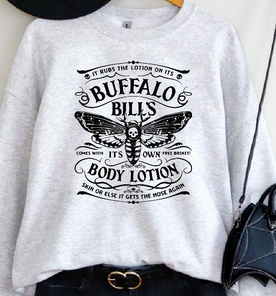Buffalo Bill Sweatshirt - Blue Fleece Hoodie with Butterfly Graphic Design, Featuring It RUBS THE LOTION Text, Long Sleeve, Casual Style Sweathsirt