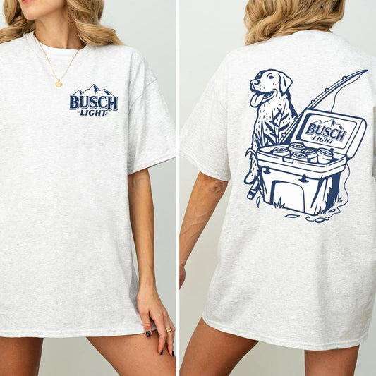 Vintage Busch Light Dog Fishing Shirt 2-Sided, Busch Light Fishing Scene with Dog Tee, Summer Fishing Graphic Printed Tshirt, Drink Tee, Drinking T-sh
