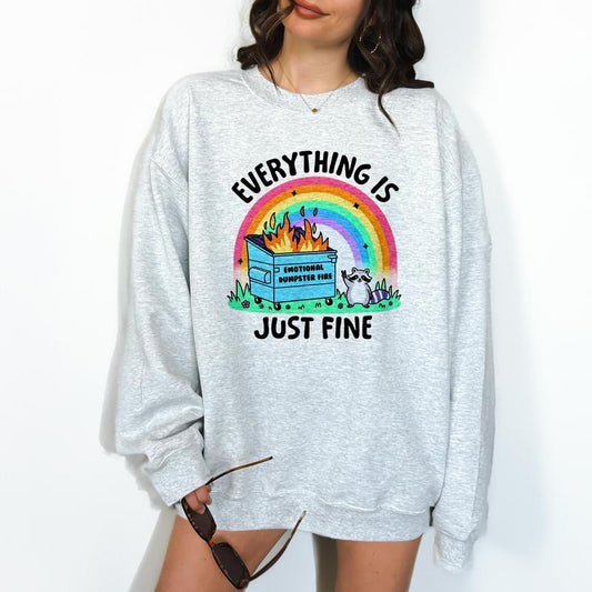 Dumpster Fire Raccoon- Unisex Crewneck Sweatshirt - Print is Sublimation, Funny Tee, Funny Apparel, Gift Idea, Relaxed Fit, Casual Apparel