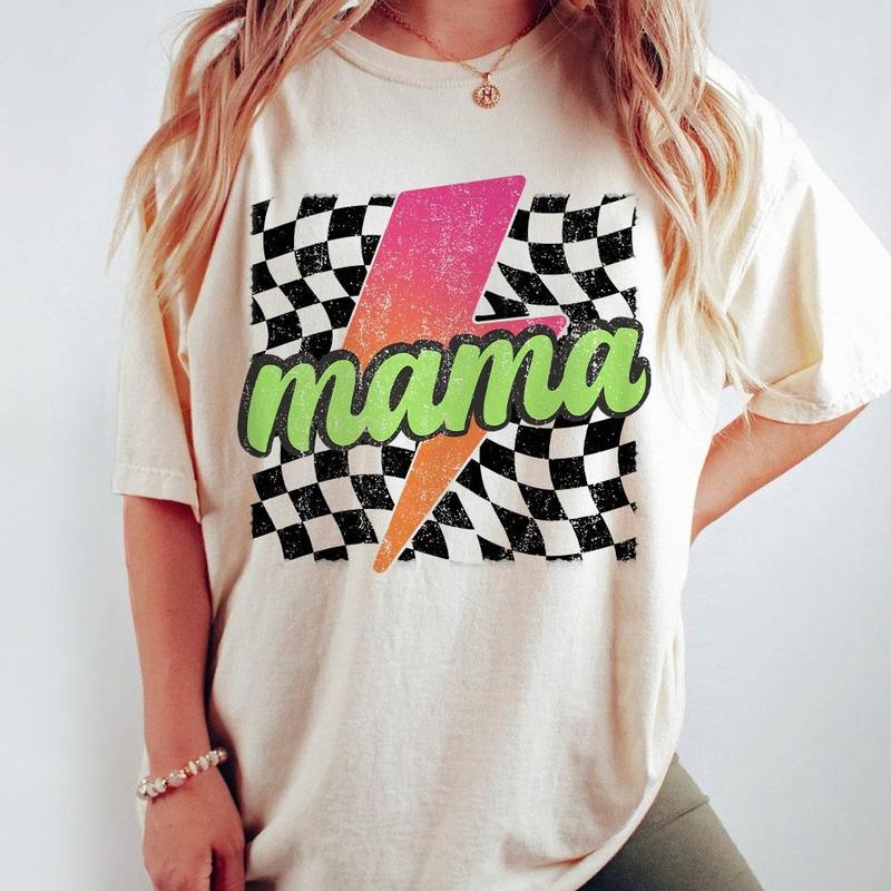 Neon Mama Shirt, Checkered Mama Shirt, Lightning Bolt Shirt, Mothers Day Gift, Retro Checkered Mom Tshirt, Mom Comfort Tee, Gift for Her, Retro Mama S