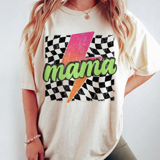 Neon Mama Shirt, Checkered Mama Shirt, Lightning Bolt Shirt, Mothers Day Gift, Retro Checkered Mom Tshirt, Mom Comfort Tee, Gift for Her, Retro Mama S