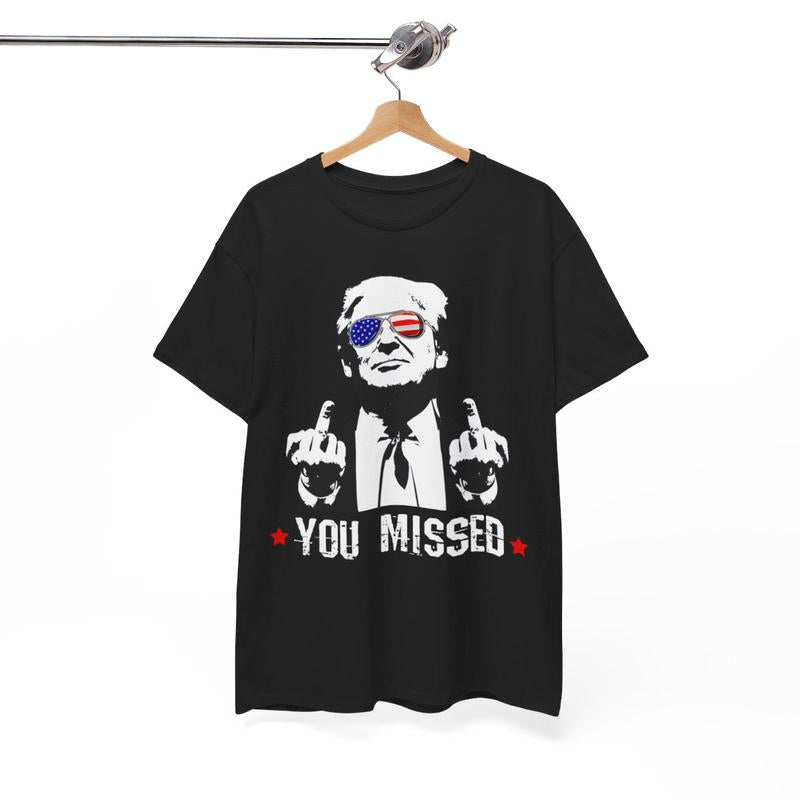 Trump Rally Shooter Tshirt - Trump You Missed - Trump Survived - Trump 2024 - USA Freedom - Donald J. Trump Unisex Heavy Cotton Tee