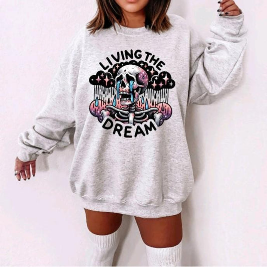 Living The Dream Skull Funny Tshirts Sweatshirt Gildan Brand Unisex Sizing, Sweatshirt, Hoodie
