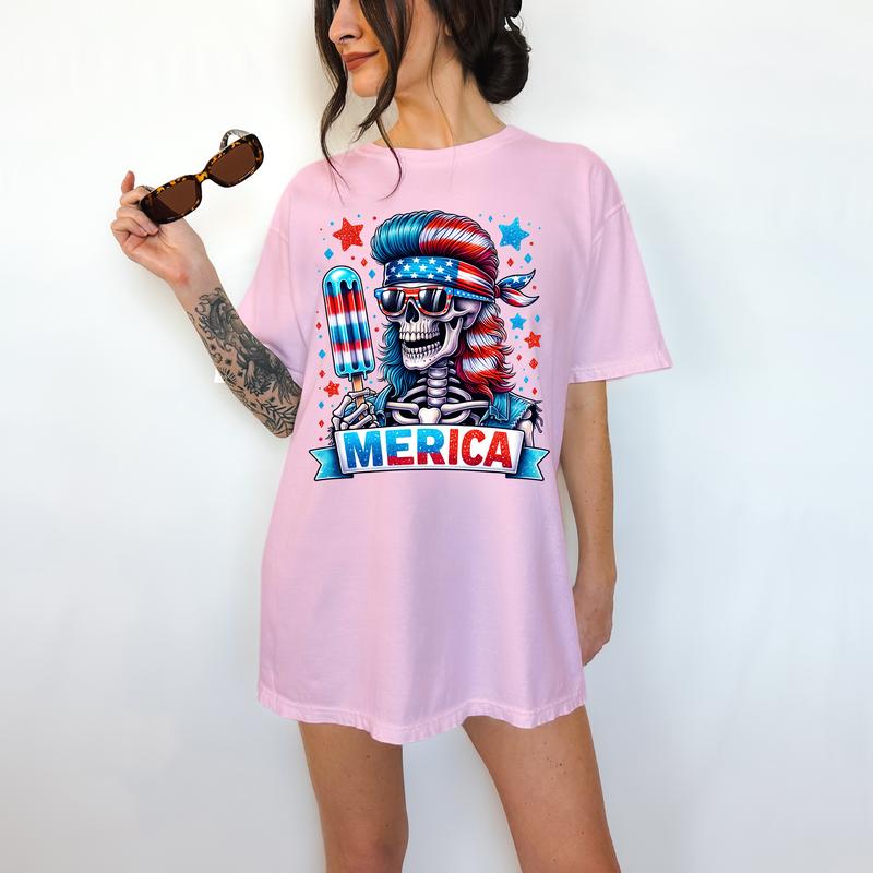Merica' - T-Shirt, Funny Tee, Patriotic, Summer, Fourth of July,  Skeleton,Bright Graphic, Funny Apparel, Gift Idea, Relaxed Fit, Casual Apparel, Cute
