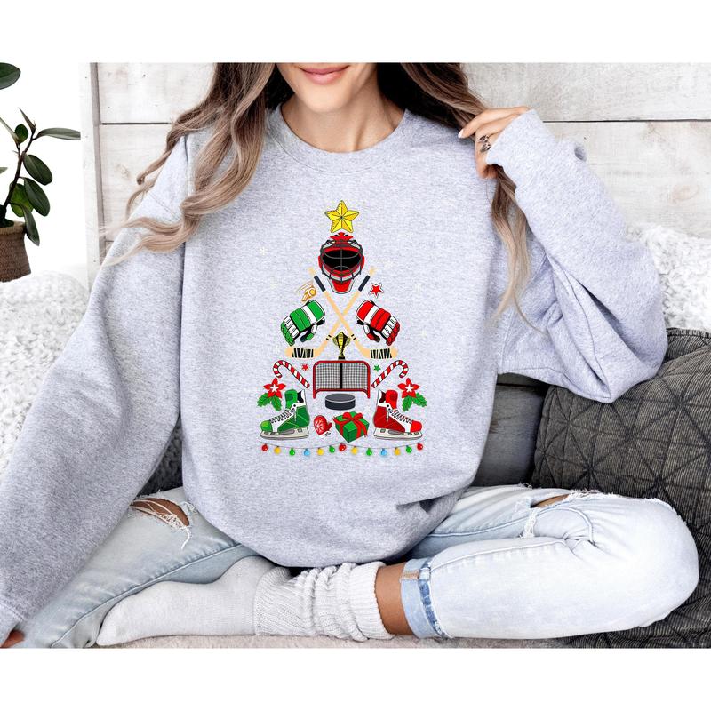 Ice Hockey Christmas Tree Sweatshirt, Ice Hockey Cool Santa Christmas Sweater, Santa Women Men Christmas Sweater, Festive Ice Hockey Lover FBQUG