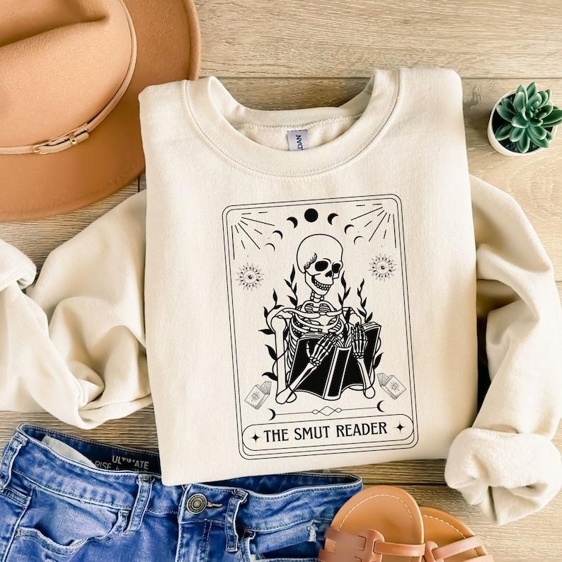 The Smut Reader Tarot Card Sweatshirt, Skeleton Reading Sweater, Book Lover Gift For Goth Mom