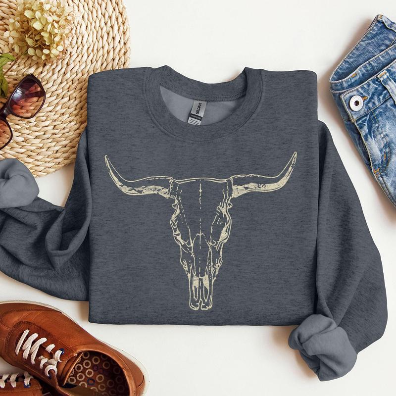Long Horn, Cow Skull, Rodeo, Cowboy Sweatshirt Casual Comfort Womenswear ComfortableÂ Graphic