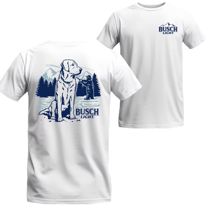 Busch Light - Fly Fishing with Dog scene  T-Shirt, Busch Light Short Sleeve Tee, Unisex Shirt