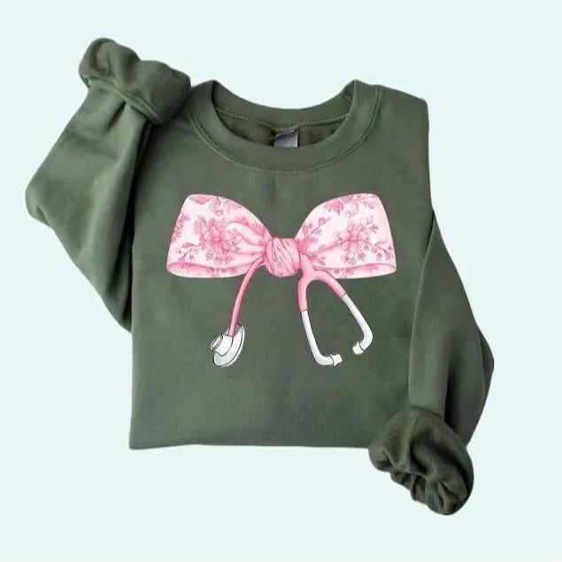 Coquette Nurse Stethoscope Bow Sweatshirt, Nurse Appreciation, Christmas Gift for Nurse, Pink Bow, Xmas Gift For Nurse, Unisex Shirt