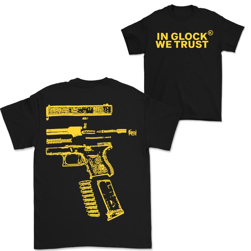In Glock We Trust Double-Sided Yellow Design Shirt - Full Color Edition Menswear Top